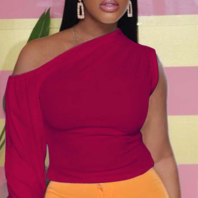 

Lovely Trendy One Shoulder Wine Red Blouse