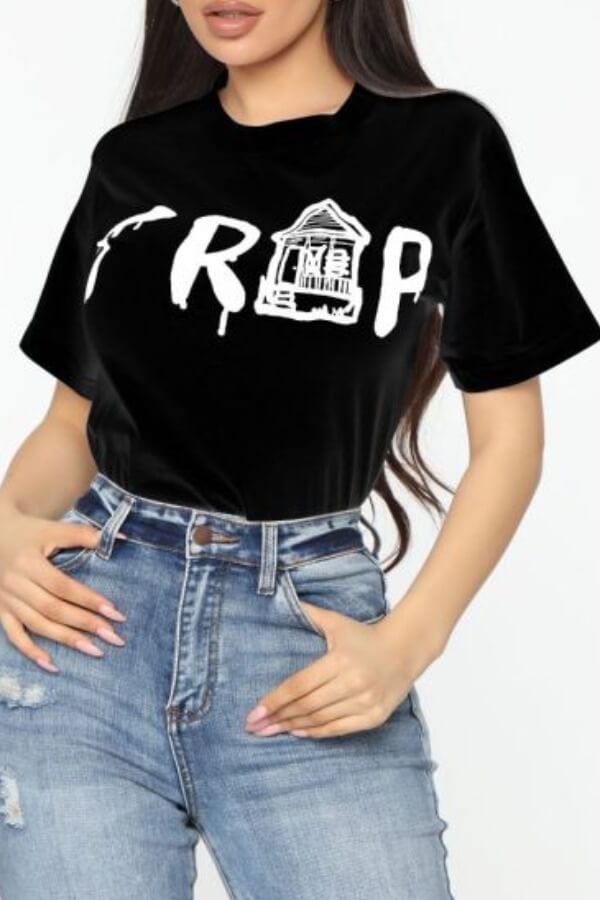 

Lovely Ccasual O Neck Print Black T-shirt