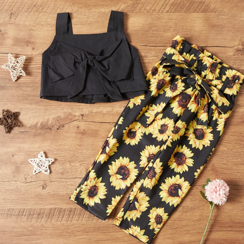 

Lovely Stylish Sunflower Print Black Girl Two-piece Pants Set