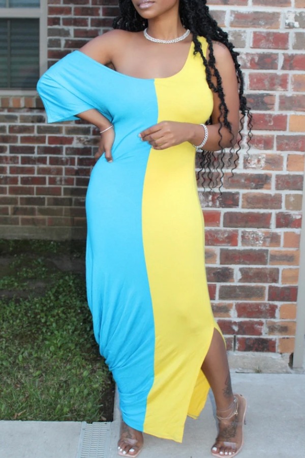 

Lovely Casual Patchwork Blue Ankle Length Dress