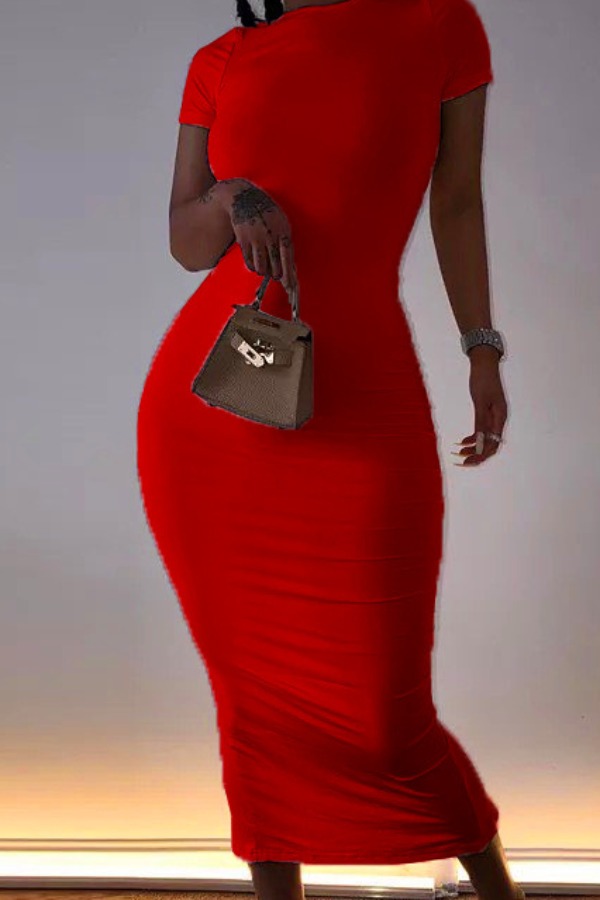 

Lovely Casual O Neck Basic Red Mid Calf Dress