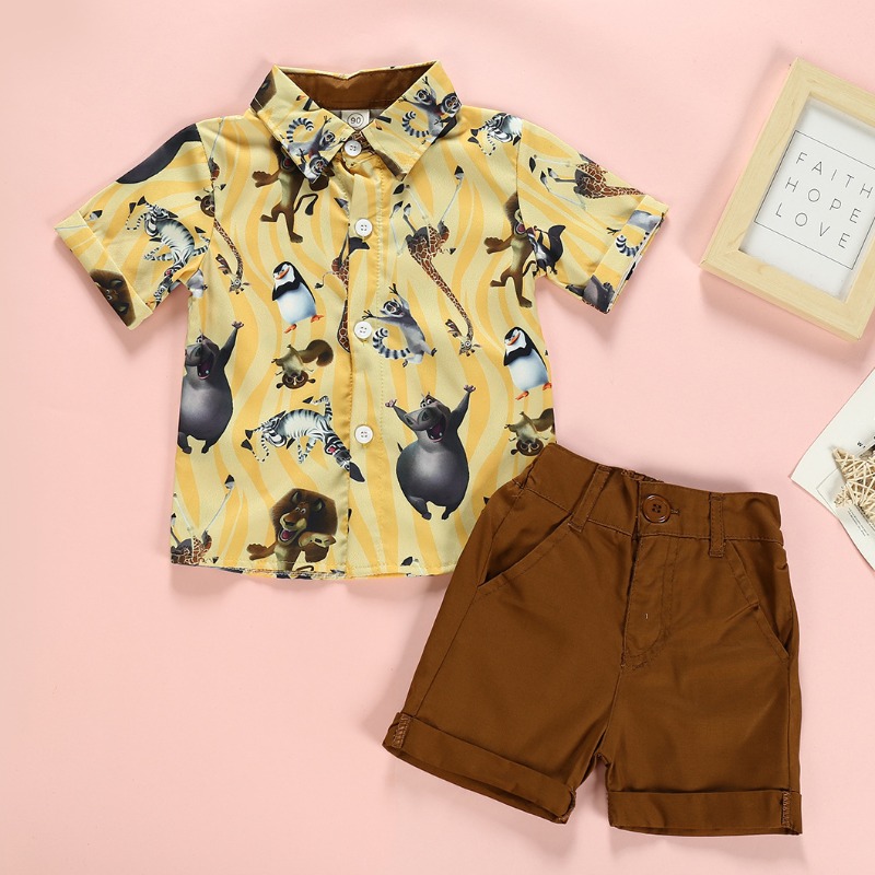 

Lovely Casual Cartoon Print Yellow Boy Two-piece Shorts Set