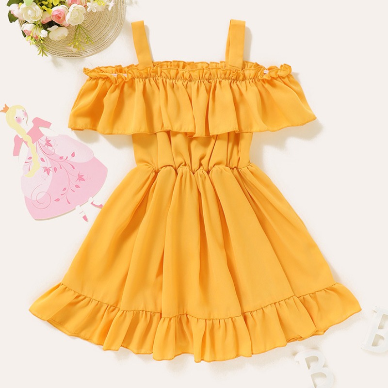 

Lovely Sweet Flounce Design Yellow Girl Mid Calf Dress