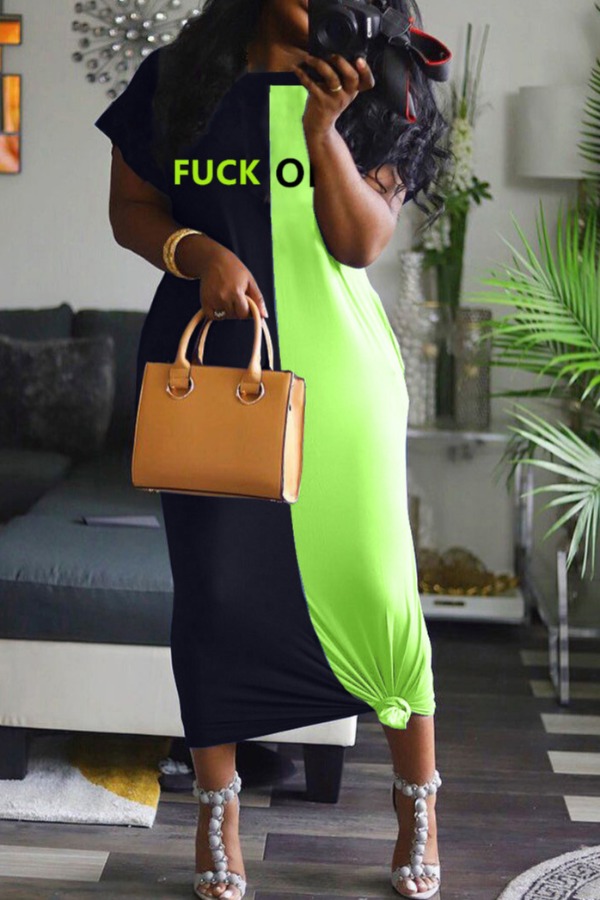 

Lovely Casual Letter Patchwork Green Mid Calf Plus Size Dress