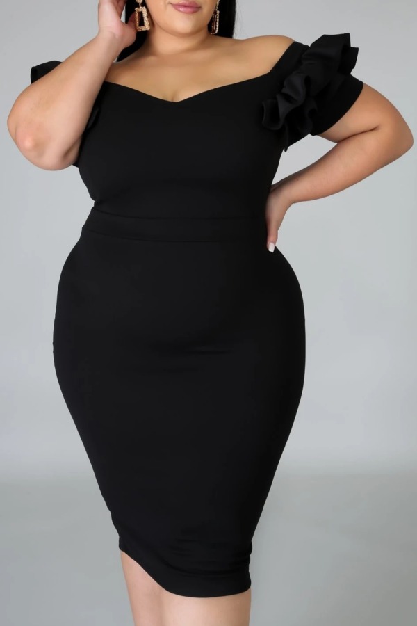 

Lovely Trendy Flounce Design Black Mid Calf Plus Size Dress