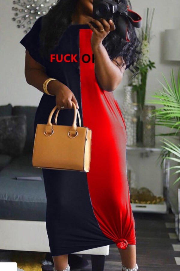

Lovely Casual Letter Patchwork Red Mid Calf Plus Size Dress