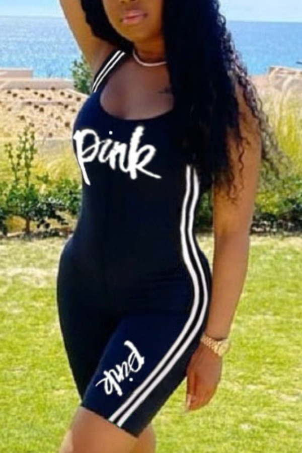 

Lovely Sportswear Letter Print Black One-piece Romper