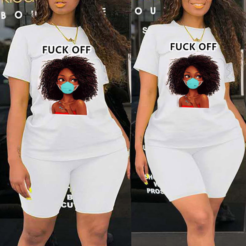 

Lovely Leisure Print White Plus Size Two-piece Shorts Set