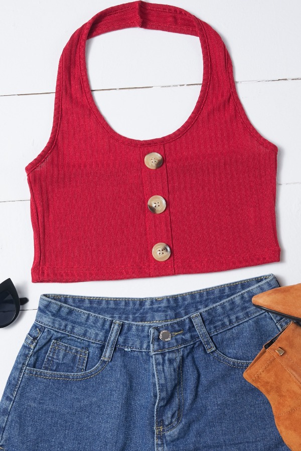 

Lovely Casual Buttons Design Red Camisole