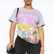 Lovely Sweet O Neck Cartoon Print Grey T-shirt