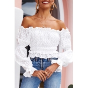 Lovely Sweet Dew Shoulder Flounce Design White Blo