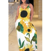 LW Bohemian V Neck Sunflower Print Yellow Maxi Dre