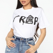 LW Ccasual O Neck Print White T-shirt