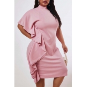Lovely Casual Flounce Design Pink Knee Length Plus