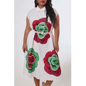 Lovely Casual Print White Mid Calf Plus Size Dress