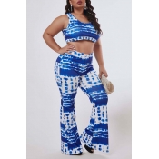 Lovely Trendy Print Blue Plus Size Two-piece Pants