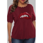 Lovely Casual O Neck Lip Print Red Plus Size T-shi