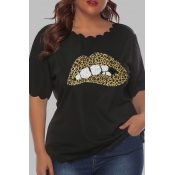Lovely Casual O Neck Lip Print Black Plus Size T-s
