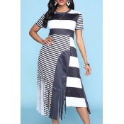 Lovely Casual O Neck Striped Patchwork Black Mid C