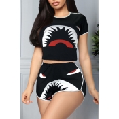 Lovely Casual O Neck Cartoon Print Black Two-piece