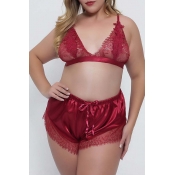 Lovely Sexy Lace Hem Red Plus Size Sleepwear