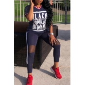 Lovely Casual Letter Print Black Two-piece Pants S