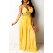 Lovely Trendy Backless Yellow Maxi Dress