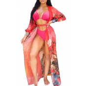 Lovely Print Red Two-piece Swimsuit(With Cover-Up)