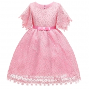 Lovely Trendy Lace Hem Pink Girl Mid Calf Dress