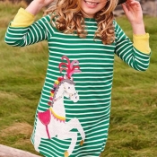 Lovely Sweet Striped Green Girl Knee Length Dress