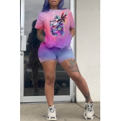 Lovely Casual Print Purple Two-piece Shorts Set