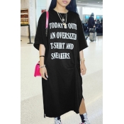 LW Casual Letter Print Black Mid Calf Dress