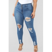 Lovely Plus Size Casual Hollow-out Deep Blue Jeans