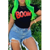 LW Casual O Neck Letter Black T-shirt