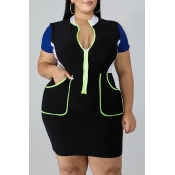 Lovely Plus Size Trendy Pocket Patched Blue Mini D