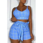 LW Casual Grid Blue Two-piece Shorts Set
