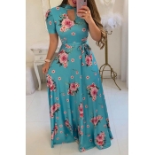 Lovely Stylish Floral Print Blue Maxi Plus Size Dr