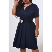 Lovely Trendy Hollow-out Blue Knee Length Plus Siz