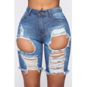 LW Plus Size Trendy Broken Holes Blue Denim Shorts