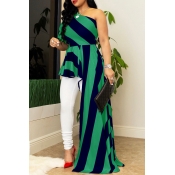 Lovely Trendy One Shoulder Striped Green Plus Size