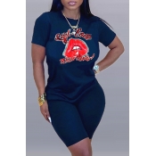 Lovely Plus Size Casual Lip Print Deep Blue Two-pi
