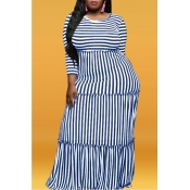 Lovely Trendy Striped Blue Maxi Plus Size Dress