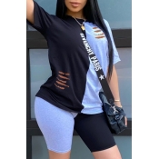 Lovely Casual Patchwork Black Two-piece Shorts Set