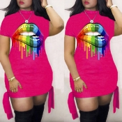 Lovely Casual Lip Print Rose Red Mini Dress