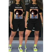 Lovely Leisure Print Black Two-piece Shorts Set