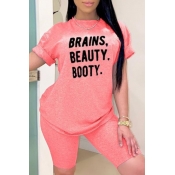 LW Casual Letter Print Pink Two-piece Shorts Set