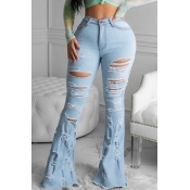 Lovely Trendy Hollow-out Baby Blue Jeans