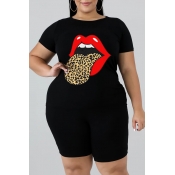 Lovely Casual Lip Print Black Plus Size Two-piece 