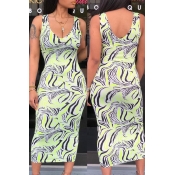 Lovely Trendy Print Green Mid Calf Dress