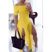 LW COTTON Stylish Side High Slit Yellow Maxi Dress